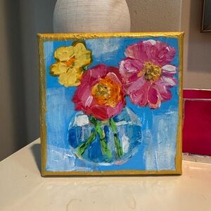 Original Floral Canvas Painting with Gold Trim. 5”x5”